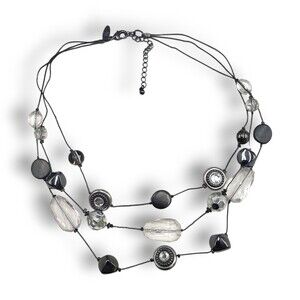 NY Multi Strand Necklace Gunmetal Gray Black Clear Adjustable Length